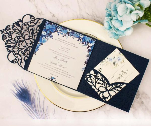 

greeting cards 50pcs light pink navy blue laser cut tri-fold wedding invitation envelope personalized invite rsvp
