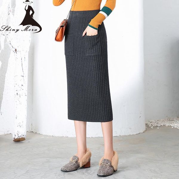 

skirts autumn winter 2021 elasticity long for women high waist pcoket design knitted wool female elegant slim, Black