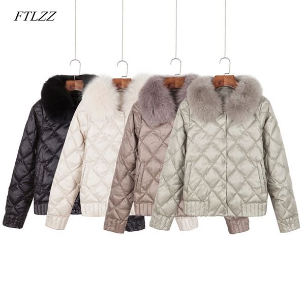

ftlzz women down real fur collar jacket winter warm ultra light short jacket white duck down parka elegant coat outwear 201211, Black