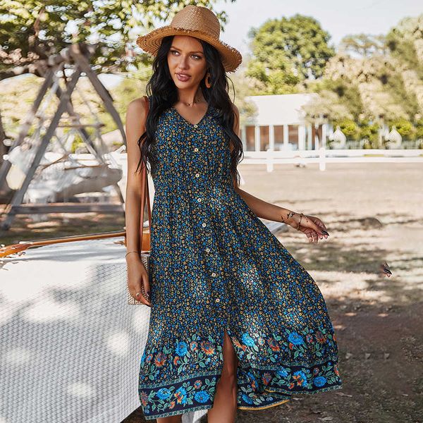 

women long summer dress summer v-neck short sleeve floral printed bohe style casual women's ankle-length dresses vintage female 210524, Black;gray