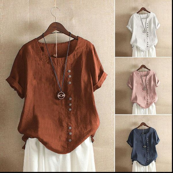 

2021 gothic summer women cotton linen blouse short sleeve loose elegant ladies linen blouse shirt mujer blusa plus size, White