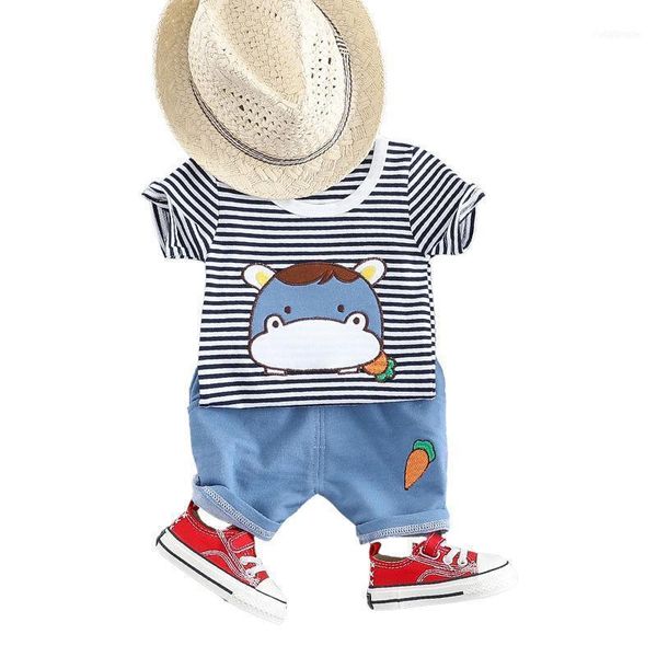 

clothing sets 2021 casual cartoon children clothes striped short sleeve summer for boy costume cute baby t-shirt + denim shorts suit1, White