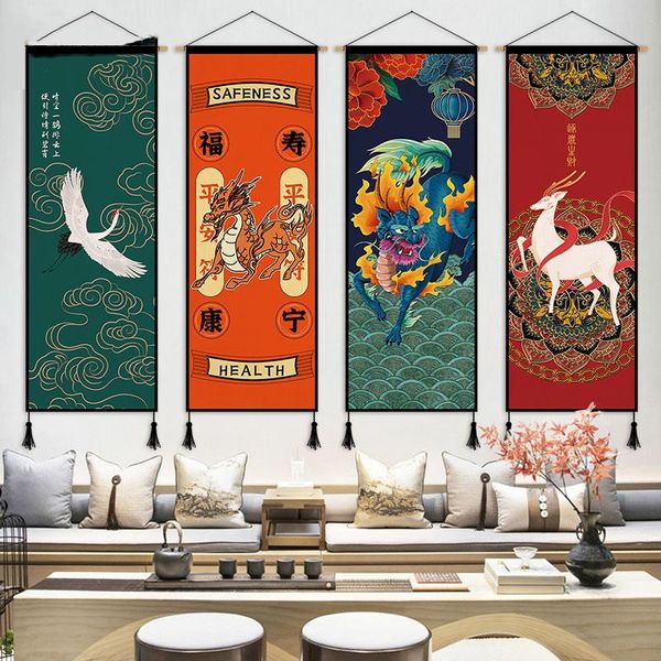 

paintings chinese style wall art canvas painting poster wooden hanging scroll printed home living room decoration pictures