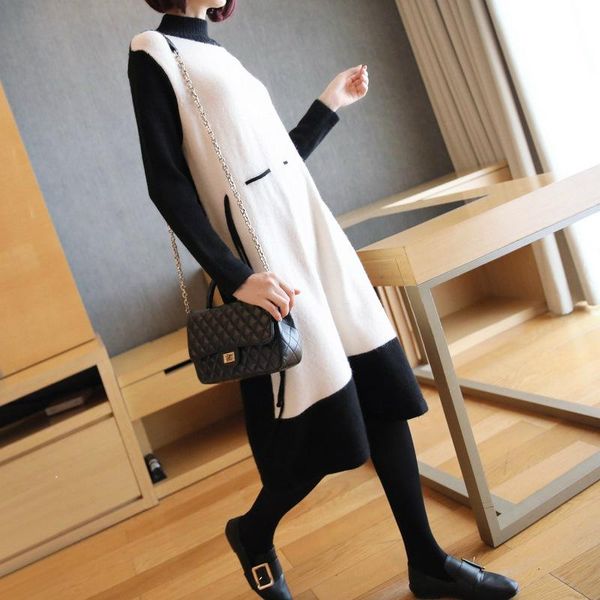 

casual dresses soft brief knitted winter dress women contrast long sleeve black ladies midi oversized christmas year 2021 rope, Black;gray