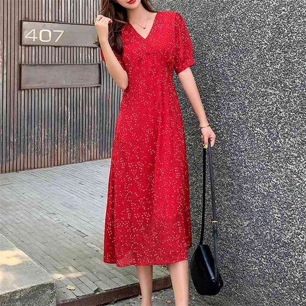 

retro chiffon floral long v-neck dress women summer short sleeve maxi female puff vestidos plus size 210601, Black;gray