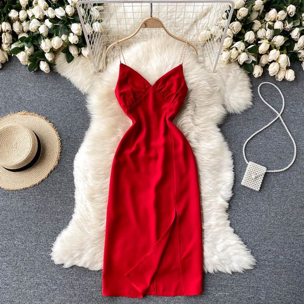 

women spaghetti strap dress red/white/yellow high waist camisole party vestidos female summer elegant robe 2021 ladies new, Black;gray