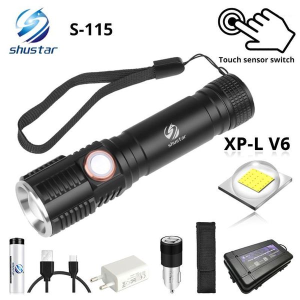 

flashlights torches super bright xp-l v6 led with touch button waterproof torch 3 lighting modes zoom camping light s1151
