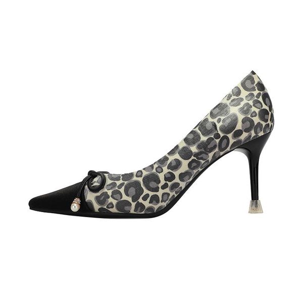 

dress shoes 2021 fashion leopard flock pointed toe with cross belt high heels casual for women, Black