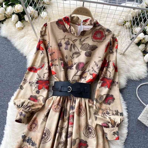 

deat spring summer fashion casual loose high waist o-neck print temperament slim dress women sk700 210709, Black;gray