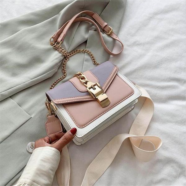 

evening bags 2021 wide strap shoulder messenger bag fashion chain lady sling panelled color women pu leather crossbody