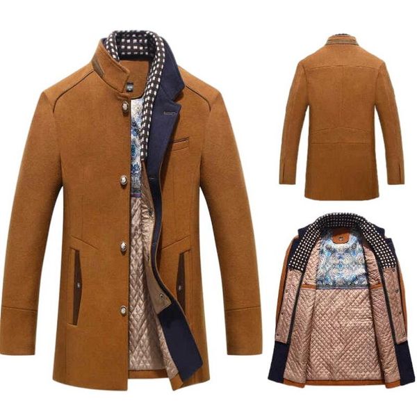 

men's wool & blends men winter coat casual brand solid color woolen pea warm male trench overcoat oversized 5xl, Black