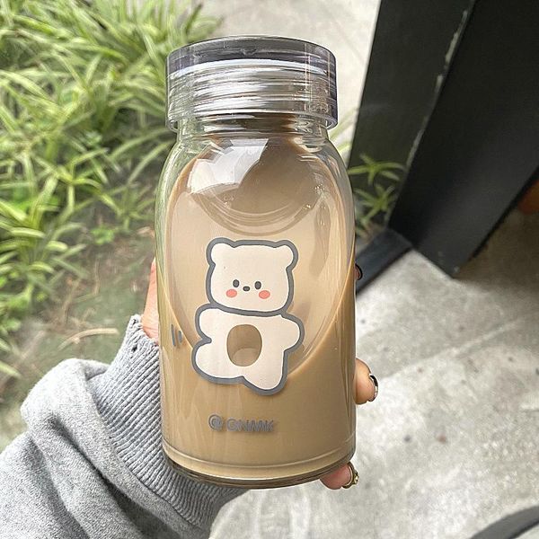 

cartoon bear "@gnmk" glass bottles water transparent fashion bottle glass straw glasses simple cup waterbottle bottle gift