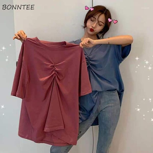 

women's t-shirt women t-shirts solid o-neck folds loose leisure designer korean style fashion chic elegant student females, White