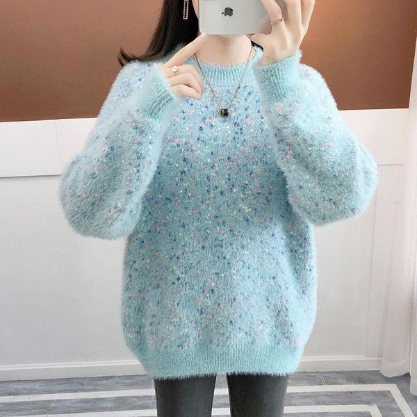 

2021 new women's pullover female autumn winter plus cashmere sweater imitation mink velvet long-sleeved top, White;black