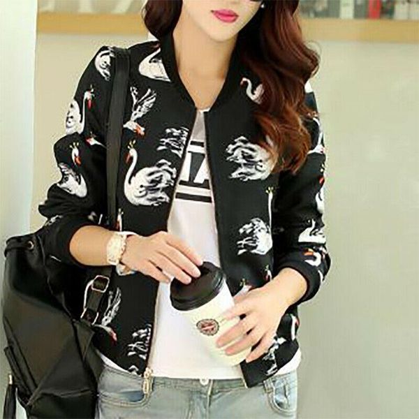 

ladies women zip up classic swan style bomber jacket biker coat windbreaker outerwear elegant soft casual o neck clothes women's jacket, Black;brown