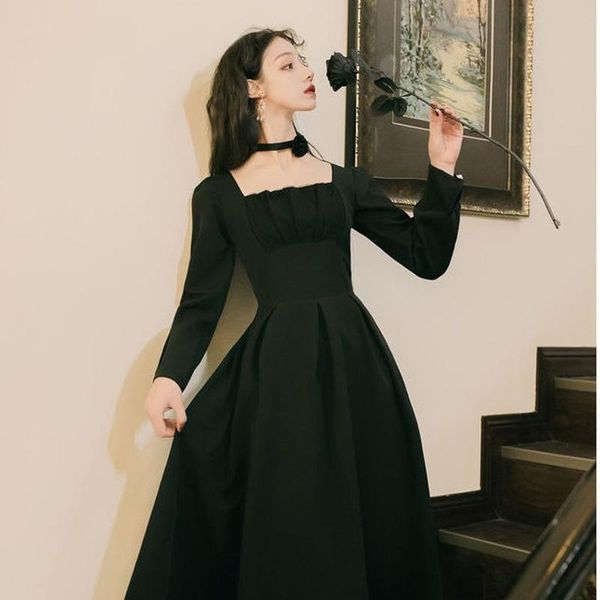 

casual dresses qweek vintage elegant square collar dress women retro black long sleeve party ladies office 2021 autumn clothes woman, Black;gray