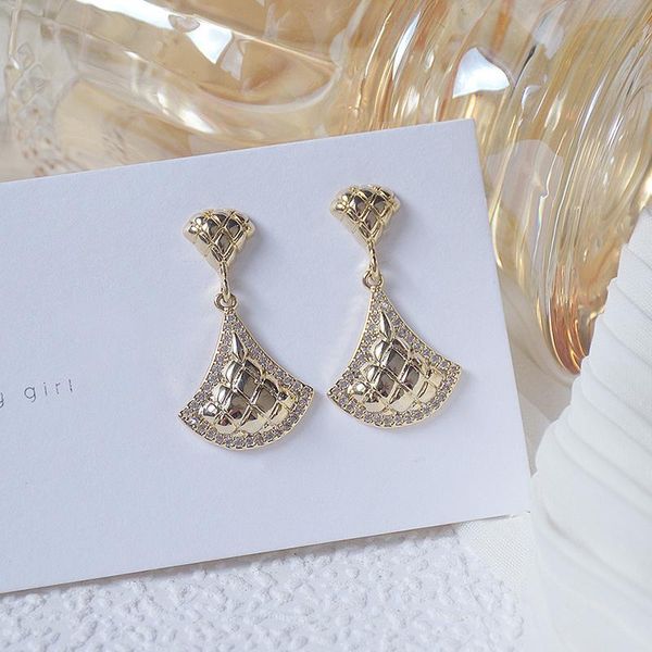 

romantic 14k real gold fan shape stud earrings japanese&korea delicate jewelry zircon geometric earrings, Golden;silver