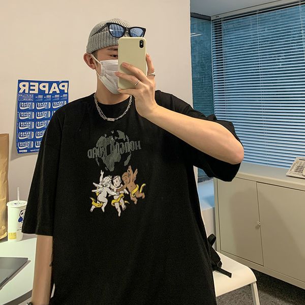 

loose casual printed t-shirt men kawaii short sleeve male graphic round neck women tees, White;black