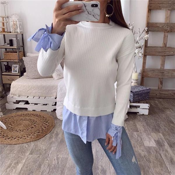 

womens casual long sleeve striped slim blouse elegant bow pullover blouse shirts winter spring female stitching, White