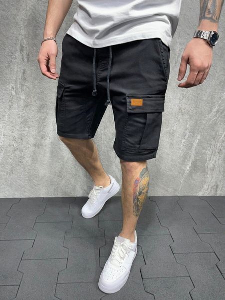 

men flap pocket grommet drawstring shorts l6il#, Black