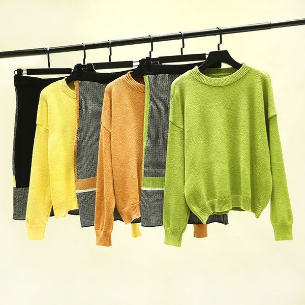 

two piece dress two-piece set round neck long sleeve knitted sweater female solid simple elastic waist skirt women sets p, White