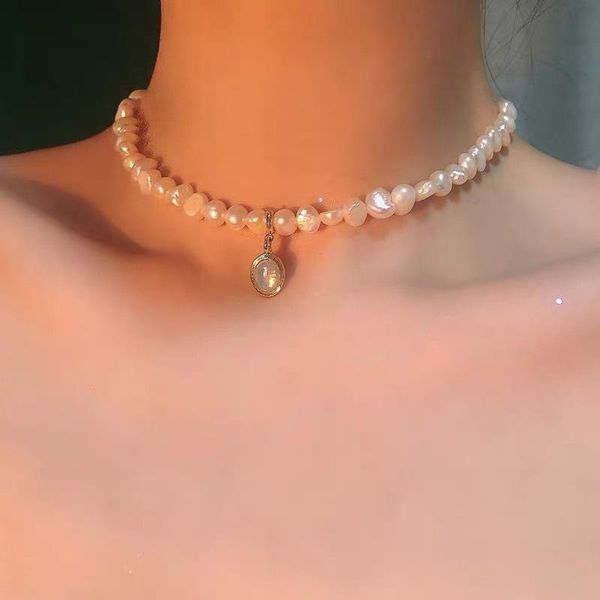 

pendant necklaces baroque freshwater pearl chain moonstone strand necklace for women elegant statement chokers jewelry, Silver