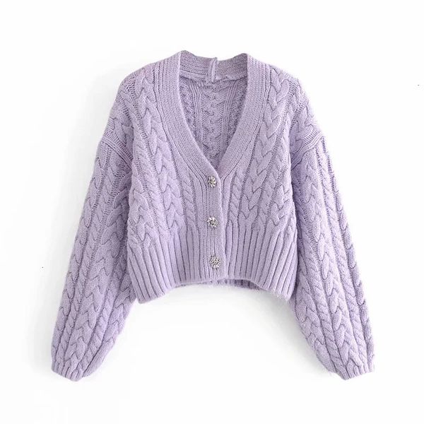 

2021 Purple New Cropped Knitted Sweater Woman Winter Cable Knit v Neck Puff Long Sleeve Oversize Cardigan Female 8dn3 1IU8, White;black