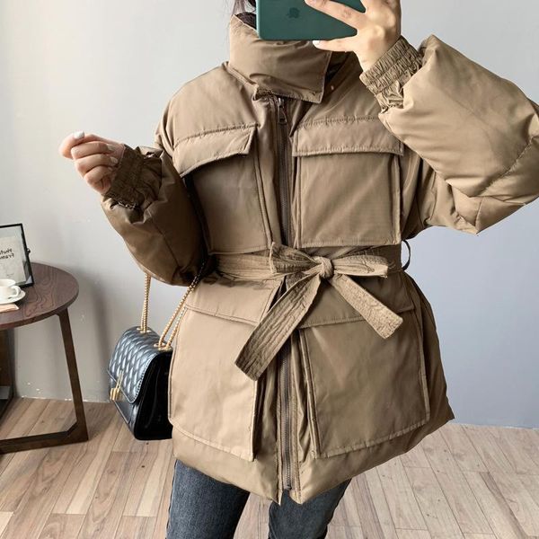 

women's down & parkas womens winter cotton loose thicker warm jacket coat sashes female big pockets outerwear snow wear, Black