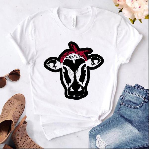 

cute bandana bow cow printed women t shirt 2021 summer white casual short sleeve gift for lady funny female clothes top