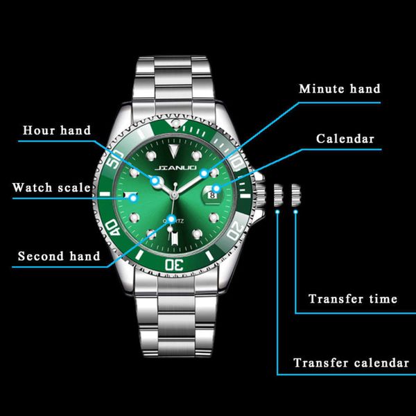 

2021 calendar water green ghost watch sale men's busins steel belt quartz watch watch, Slivery;brown