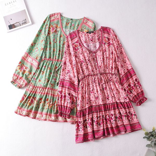 

Holiday Buttons Collar Pink Floral Print Long Sleeve Short Dress Hippie Adjustable Lacing up Waist Bohemian Women Dresses BOHO, Red