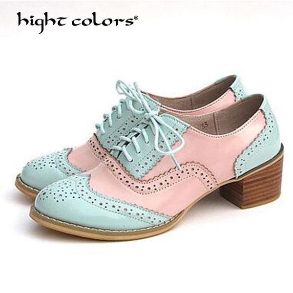 

dress shoes 2021 genuine leather brogue ladies designer vintage square heel lace up spring/autumn oxford for women t-135, Black