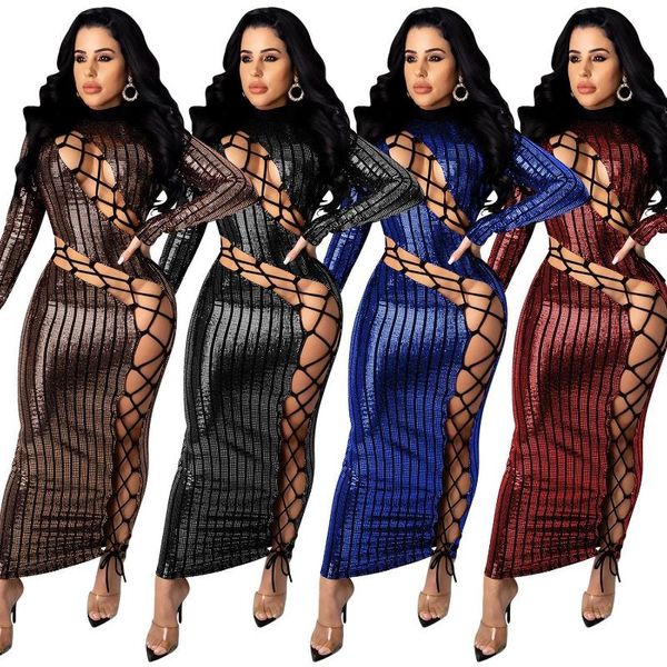 

cutubly club hollow out bodycon dress winter sequins patchwork maxi dress long sleeve lace up party dresses for women, Black;gray