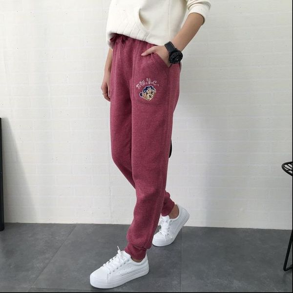

autumn and winter embroidery bear thickened fleece warm sweatpants casual women loose large size student sports pants, Black;white