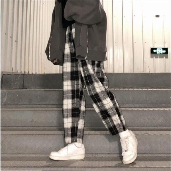 

harajuku plaid pants womens streetwear harem autumn ladies casual, Black;white