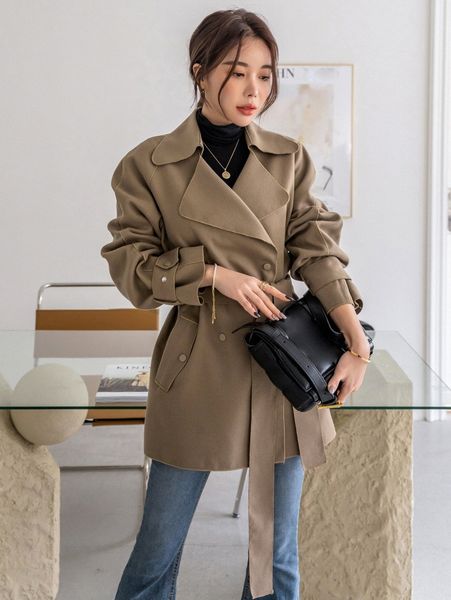 

dazy lapel collar raglan sleeve belted overcoat b73h#, Black