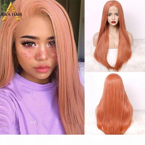 

aiva hair high density orange pink wig heat resistant synthetic lace front wig glueless long straight cosplay wigs for women, Black