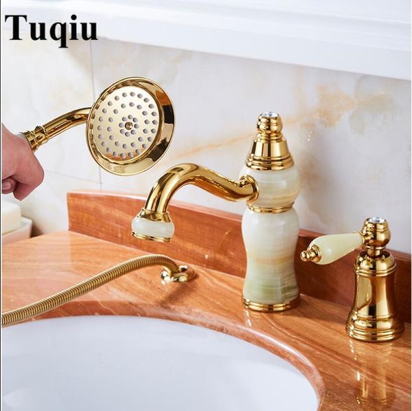 

bathroom sink faucets bathtub faucet brass gold deck set 3 pcs and jade handheld shower washroom basin mixer tap