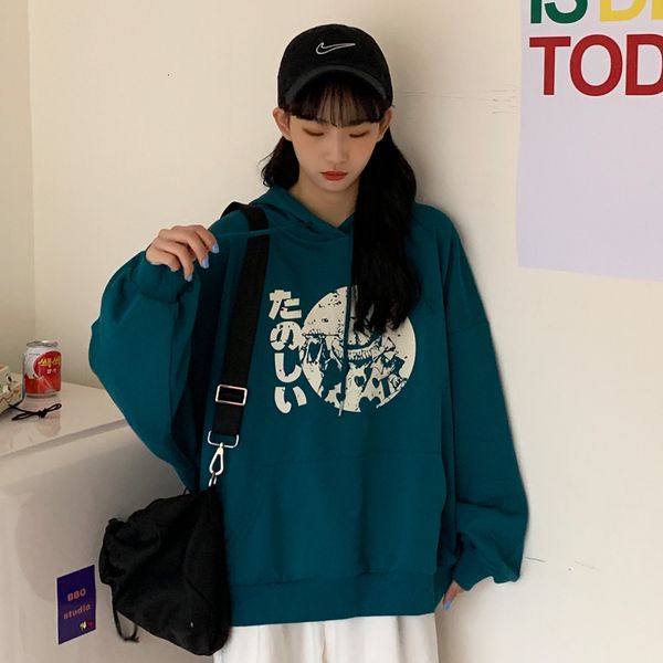 

2021 new all-match casual women spring autumn thin section lazy trend hooded drop sleeves printed sweatshirt 2awu, Black