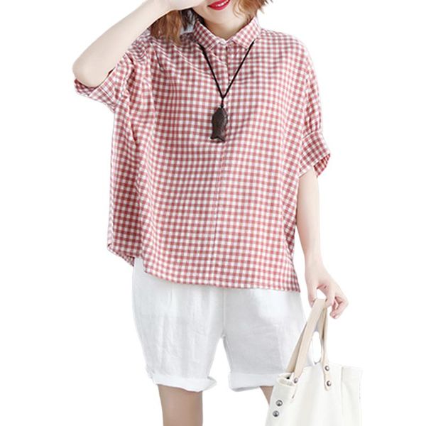 

women's blouses & shirts cotton linen plaid women 2021 summer vintage turn-down collar short-sleeved casual all match female outwear, White