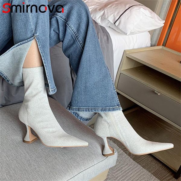 

boots smirnova 2021 arrive ankle women high heels party shoes pointed toe autumn winter fashion stretch, Black