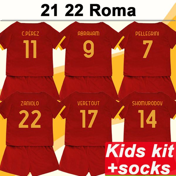 

21 22 roma el shaarawy abraham zaniolo kids kit soccer jerseys mancini pellegrini veretout home away football shirt short sleeve child unifo, Black
