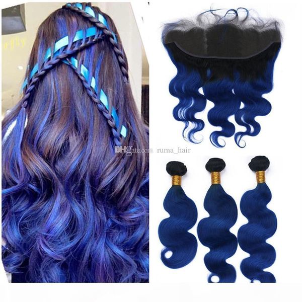 

peruvian virgin human hair weaves blue ombre hair extensions with lace frontals dark roots body wave hair extensions 4pcs lot, Black;brown