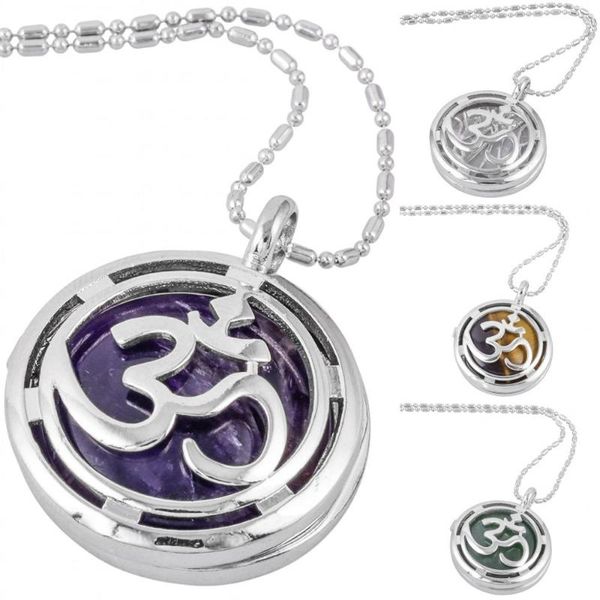 

pendant necklaces tumbeelluwa sliver hollow yoga 3d amulet locket necklace,with natural stone bead healing reiki women jewelry(chain), Silver