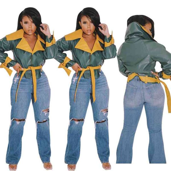 

women's autumn and winter fashion color matching leather jacket, Black