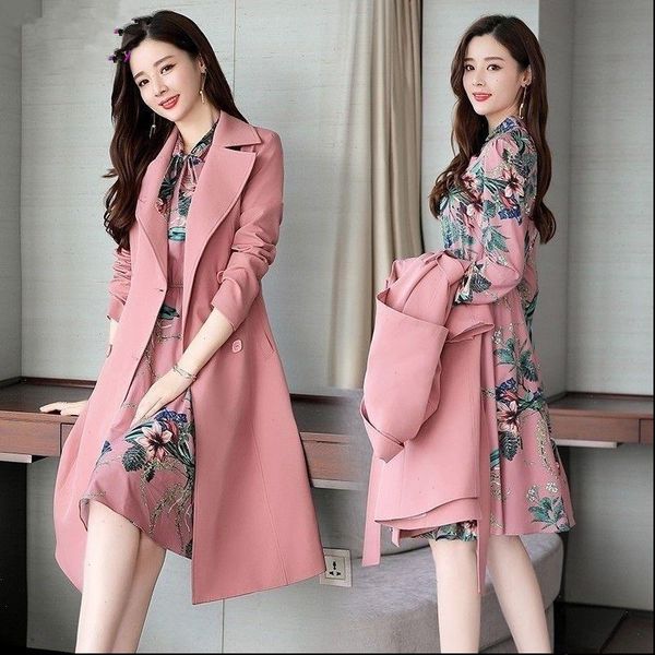 

spring autumn trench coat slim ol ladies trench coat and dress long women windbreakers plus size two pieces women sets outwears, Tan;black