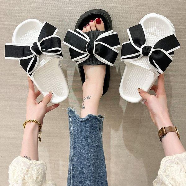 

slippers shoes woman 2021 casual low pantofle shale female beach butterfly-knot luxury flat soft sabot sweet pu pvc rubber b, Black