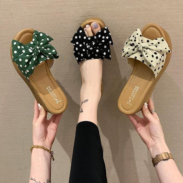 

slippers butterfly-knot casual shoes slides on a wedge platform slipers women heeled mules low luxury summer 2021 high fabric ba, Black
