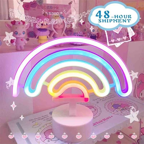 Fowecelt Rainbow Unicorn LED Neon Night Light Home Decor Kids Girls Kawaii Camera da letto Illuminazione interna Lampada da camera estetica 210924