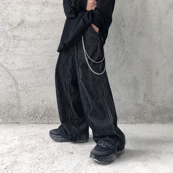 

2021 new harajuku corduroy chain perna larga homem e mulher elstico wasit em linha reta de oversize hip hop calas mgi4, Black